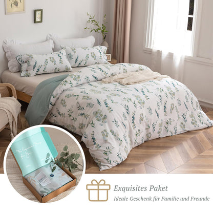 MILDLY bedding 200x200 cotton, bedding sets with plant pattern, zipper, ÖkoTex certified, includes 1 duvet cover 200x200 and 2 pillowcases 80x80, green (Katharina)