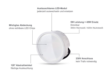 lambado® Flat LED Surface Mount Lights/Ceiling Lights Set incl. 230V 5W dimmable spots - round surface light/ceiling spots in matte black