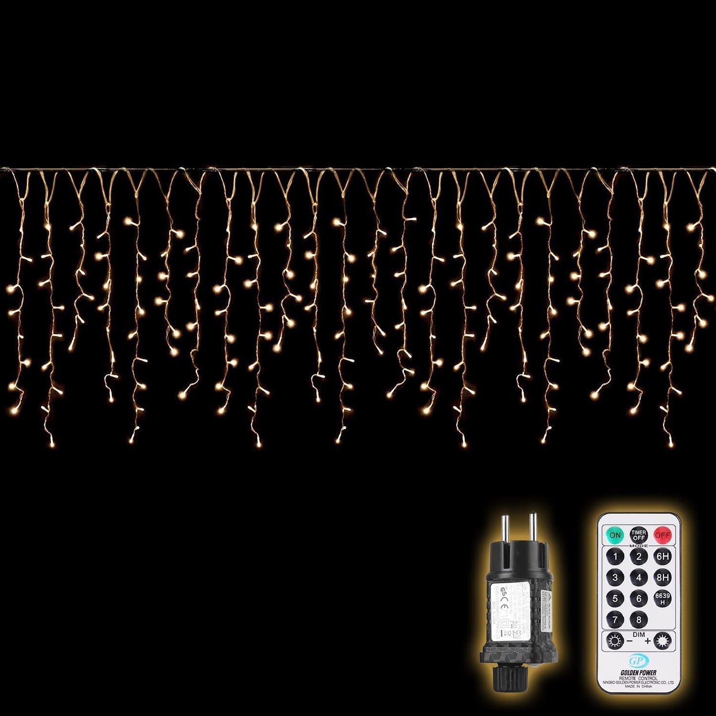 SALCAR 10m LED curtain light outdoor, icicle string lights with remote control and timer, indoor Christmas decoration window 8 modes, warm white.