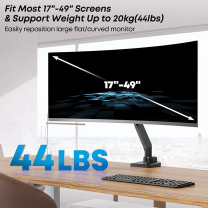 Monitor Mount 1 Monitor For 17-49 Inch Flat & Curved Screen, Sturdy Gas Spring Monitor Mount Adjustable Height with Tilts, Increased Load Capacity of 2~20kg, VESA 75x75/100x100
