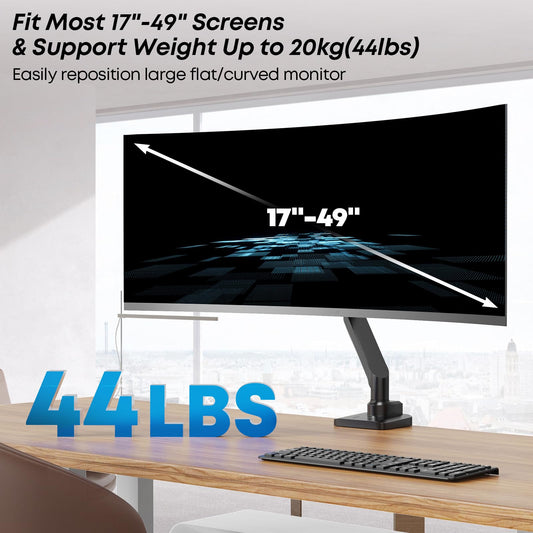 Monitor Mount 1 Monitor For 17-49 Inch Flat & Curved Screen, Sturdy Gas Spring Monitor Mount Adjustable Height with Tilts, Increased Load Capacity of 2~20kg, VESA 75x75/100x100