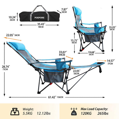 POEPORE camping chair with footrest 4-position adjustable beach chair recliner fishing chair adult camping chairs with cotton pad cushion drink holder armrest pockets Blue