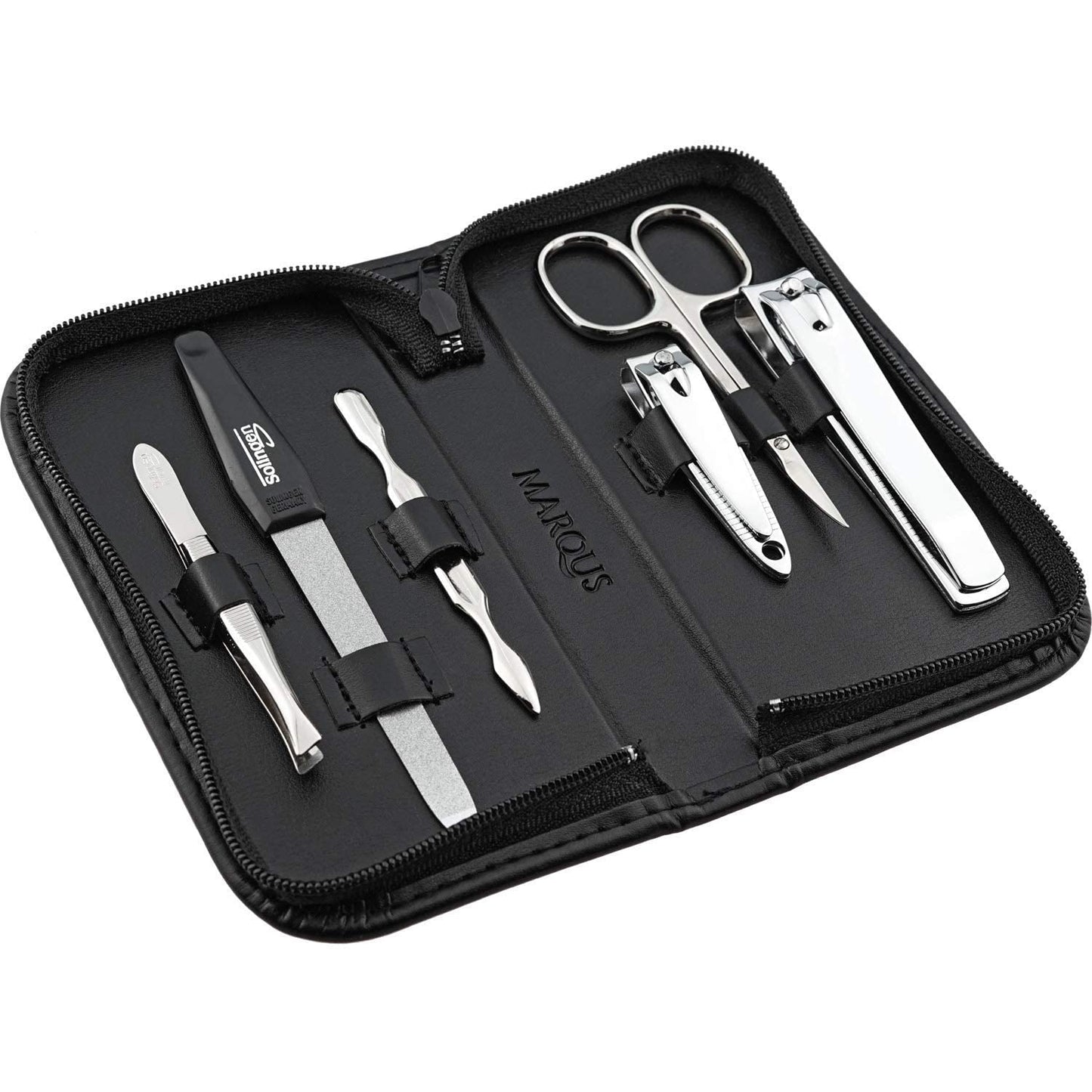 Manicure Set Solingen with top price/performance ratio - synthetic leather case handy and soft - 6-piece nail set for ladies and gentlemen marQus made of shiny nickel-plated polished steel.