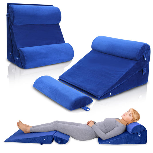 WDBBYL Bed Wedge Pillow Set, 4 pieces, for sleeping, elevation, post-surgery recovery support, acid reflux, GERD, snoring, washable velvet cover, Blue
