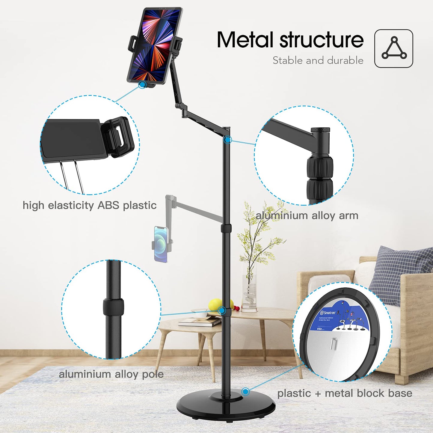 Smatree iPad Stand Adjustable - 360 Degree Rotating Floor Stand for 8.3 inch Mini 6 and 4.7-12.9 inch iPhone, Tablet - Height Adjustable, Stable and Flexible