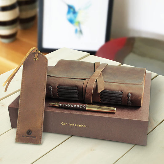 Leather diary notebook journal gift set with antique leather bookmark + pen, handcrafted writing 18x13cm unlined leather bound daily notepad for men & women travel journal