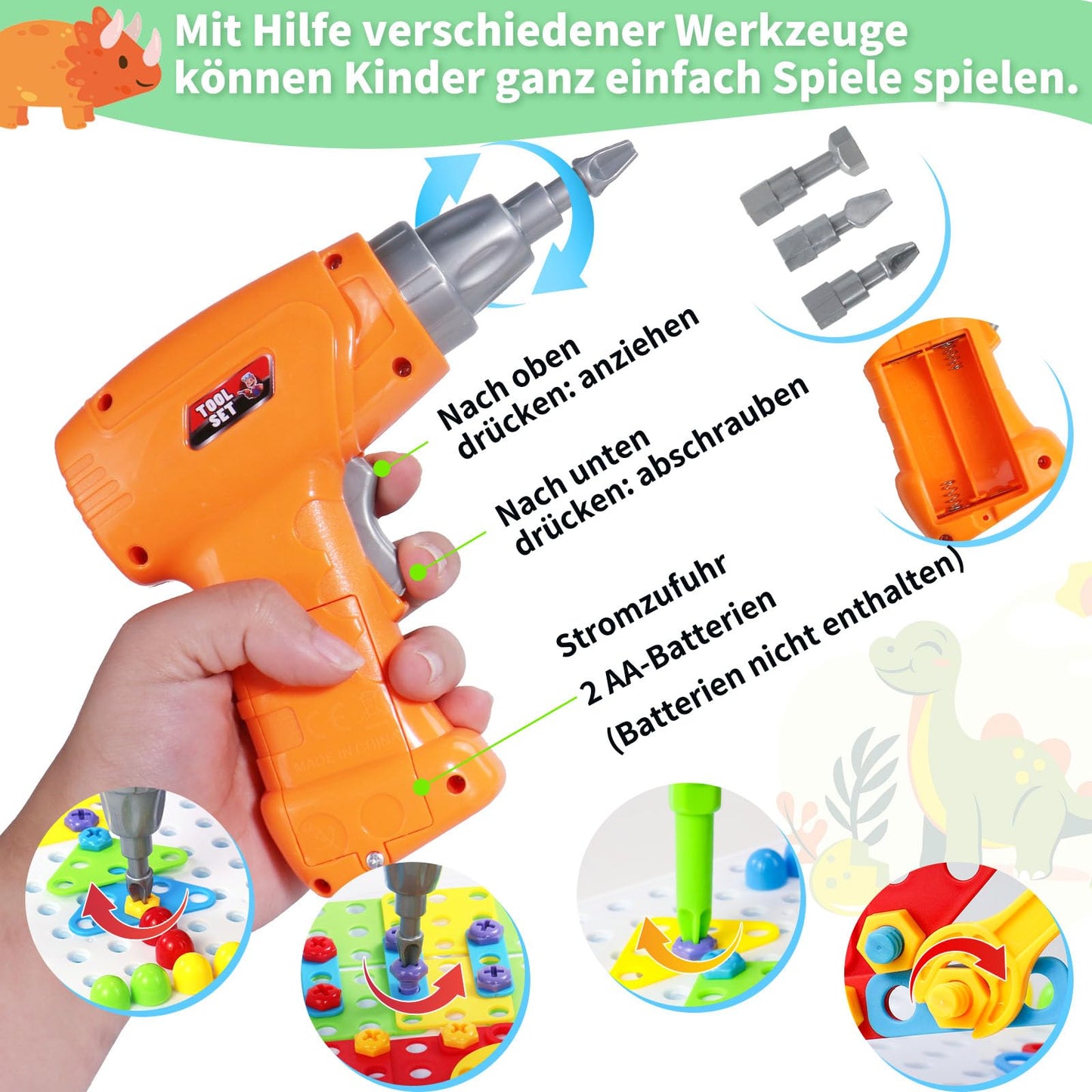 Toys for 3 years and up mosaic building set with electric drill screws building game kids tool Montessori toy puzzle for 3 years and up screwdriver gifts for 3-4 year old boys 224 pieces.