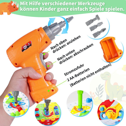 Toys for 3 years and up mosaic building set with electric drill screws building game kids tool Montessori toy puzzle for 3 years and up screwdriver gifts for 3-4 year old boys 224 pieces.