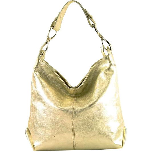 modamoda de T168 women's leather shoulder bag handbag medium handmade in Italy, color: light gold metallic