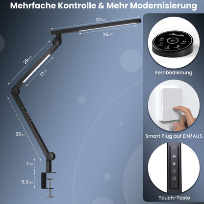 AmazLit Desk Lamp, Dimmable LED Desk Lamp 12W, Dual Light Source Swing Arm Architect Lamp, Adjustable Color Temperature Table Lamp Clamp, Office Lamp with Remote Control.