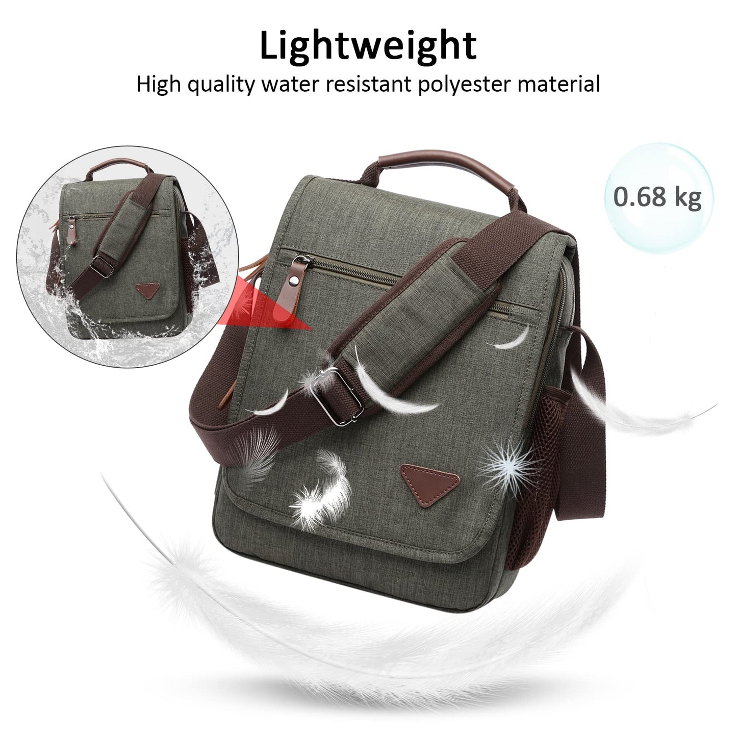 DORRISO fashion shoulder bag for men, elegant shoulder bag for 12.9 inch laptop, messenger bag for casual travel and school. Green men's shoulder bag.