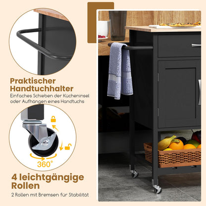 COSTWAY Kitchen Cart with Countertop, Serving Cart with Wheels, Rolling Cart with Drawer & 2-door Cabinet & Bottom Tray & Towel Holder, Kitchen Island for Kitchen, Dining Room, and Bar (Black)