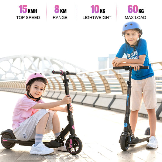 EVERCROSS EV06C electric scooter, 6.5'' Foldable E scooter for kids 6-12 years old, up to 15 km/h & 8 km range, LED display, colorful lights, lightweight electric scooter for kids (Blue + Pink)