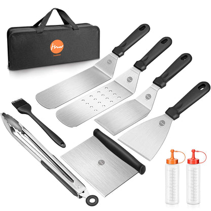Careful Grill Spatula Set, Stainless Steel 9 Pcs Flat-Top Grill Tool Set, Professional BBQ Accessories Grill Turner with Brushes Bottles and Carry Bag, Ideal for Outdoor Grilling, Teppanyaki, and Camping