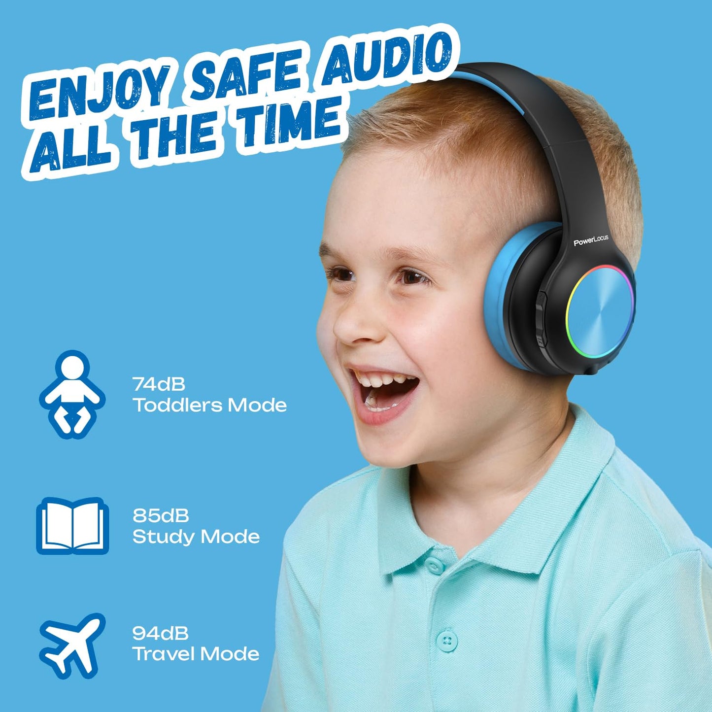 Kids Bluetooth headphones, PowerLocus kids wireless headphones with LED lights, 74/85/94dB volume limiter, foldable headset, HD stereo, micro SD, built-in microphone for school/laptop/phone/TV.