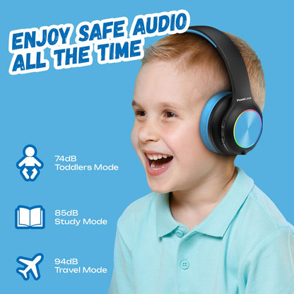Kids Bluetooth headphones, PowerLocus kids wireless headphones with LED lights, 74/85/94dB volume limiter, foldable headset, HD stereo, micro SD, built-in microphone for school/laptop/phone/TV.