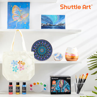 Shuttle Art Metallic Acrylic Paint Set, 20x60ml Metallic Acrylic Paint +10 Brush Set +1 Palette, Acrylic Paint Set for Kids, Adults for Crafting, Painting, Dotting on Canvas, Wood, Stone, Halloween.