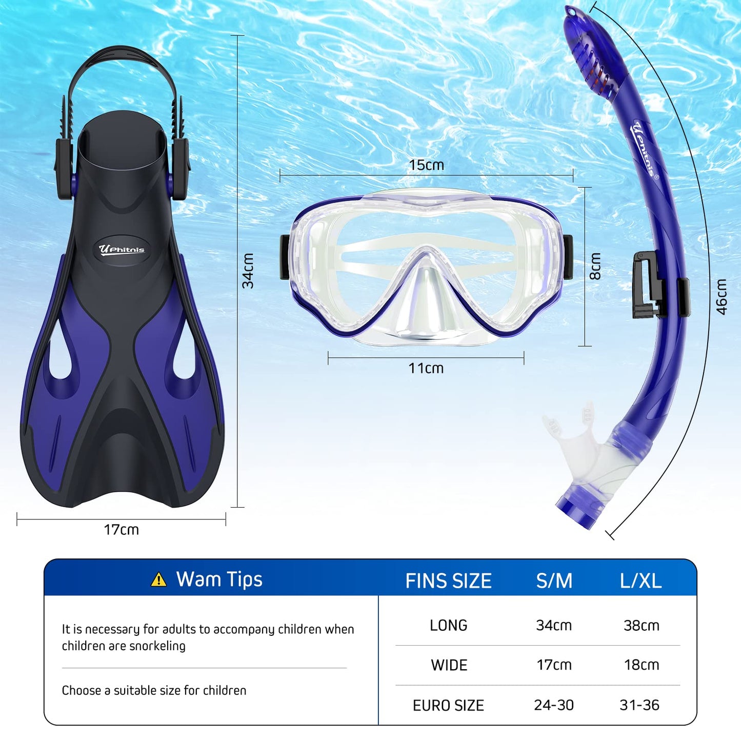 UPhitnis snorkel set for kids with fins, anti-fog 180° panoramic dive mask, adjustable flippers, and premium dry snorkel - 3 in 1 set with carrying bag