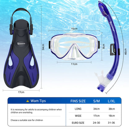 UPhitnis snorkel set for kids with fins, anti-fog 180° panoramic dive mask, adjustable flippers, and premium dry snorkel - 3 in 1 set with carrying bag