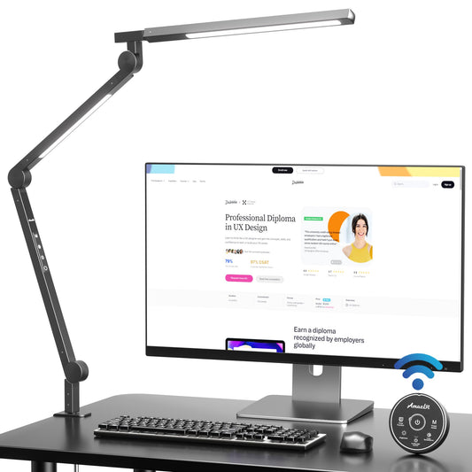 AmazLit Desk Lamp, Dimmable LED Desk Lamp 12W, Dual Light Source Swing Arm Architect Lamp, Adjustable Color Temperature Table Lamp Clamp, Office Lamp with Remote Control.