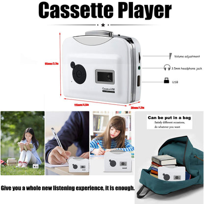 Standalone cassette player, USB cassette to MP3 converter directly onto USB disk audio music player with headphones.