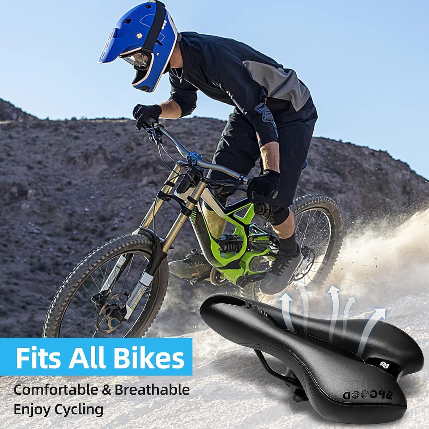 SPGOOD Bike Saddle Men Women Comfortable Wide Soft Gel Ergonomic Bicycle Seat with cover & wrench for Mountain Bike MTB Trekking Road Bike Indoor Cycling E-Bike Bicycle Seat 27*16cm