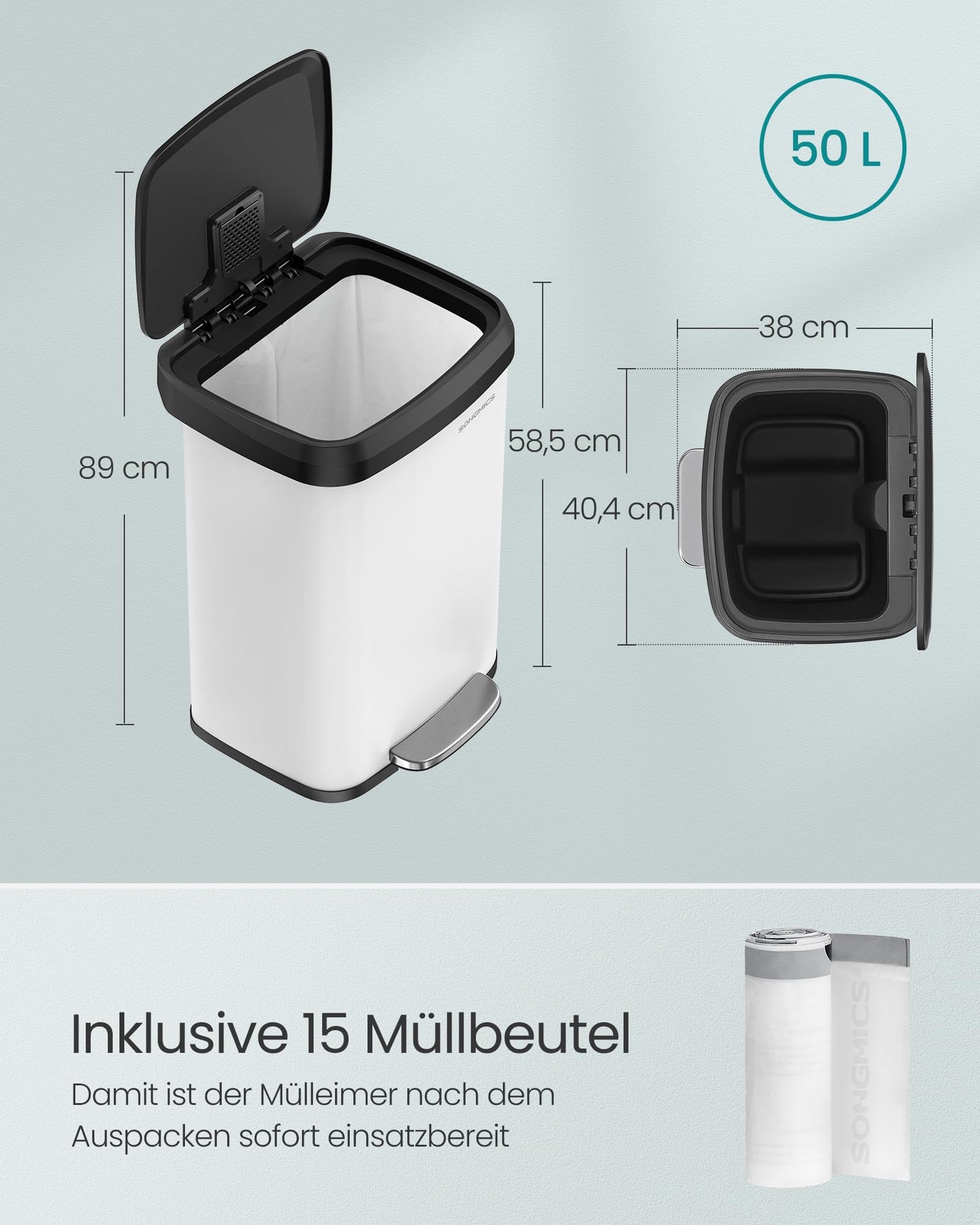 SONGMICS Kitchen Trash Can, 50L Garbage Bin, Metal Pedal Trash Can with Lid, Tall, Slim, and Spacious, White-Black LTB530W5002