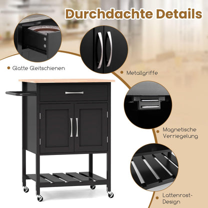 COSTWAY Kitchen Cart with Countertop, Serving Cart with Wheels, Rolling Cart with Drawer & 2-door Cabinet & Bottom Tray & Towel Holder, Kitchen Island for Kitchen, Dining Room, and Bar (Black)