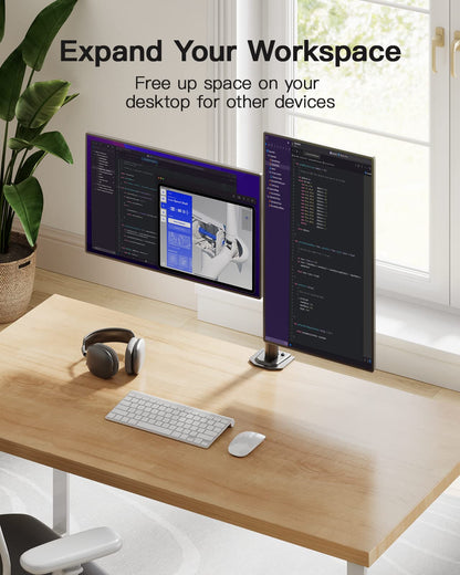 HUANUO dual monitor stand for 13-30 inch screens. Adjustable monitor stand for two monitors with tilt and swivel function. Holds up to 10 kg per arm. VESA 75/100 compatible.