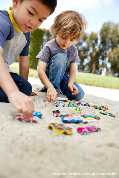 Hot Wheels, set of 8 basic toy cars and trucks in a 1:64 scale, including 1 exclusive vehicle, released throughout the year. Various assortments, style may vary. HPV78.