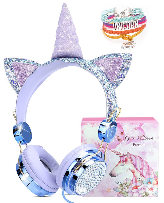 Children's headphones, unicorn glitter stones, children's headphones for girls, wired headphones with unicorn bracelet gift, adjustable stereo headphones with microphone and volume control (Sky blue)