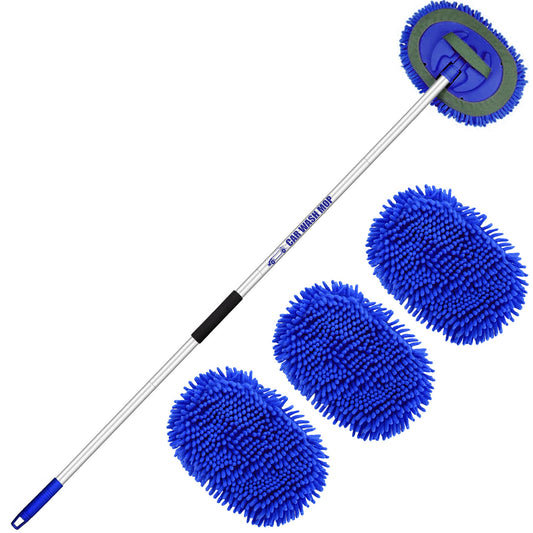 160cm 63" car wash brush with telescopic handle. Brush for motorhome, caravan, truck. Microfiber cleaning brush for car. 2 in 1 anti-scratch telescopic brush. Car brush cleaning set includes 3 replacement mop heads.
