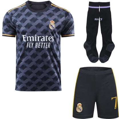 BlackAzat 2023/2024 Madrid Away #7 Vini Jr. Vinicius Soccer Football Kids Jersey Shorts Socks Set Youth Sizes (Navy,24)