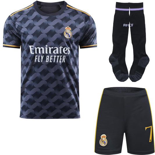 BlackAzat 2023/2024 Madrid Away #7 Vini Jr. Vinicius Soccer Football Kids Jersey Shorts Socks Set Youth Sizes (Navy,24)