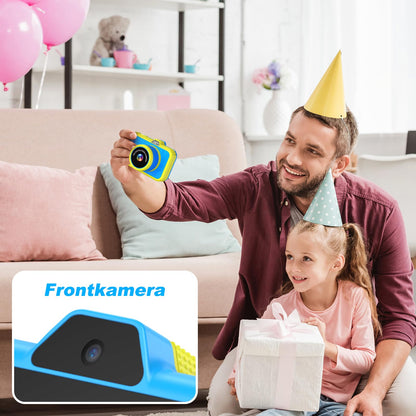 Children's camera with 3.5" display | 360° zoom lens | Selfies & LED flash | Digital camera with 32GB card | Toy for kids 3-12 | Blue