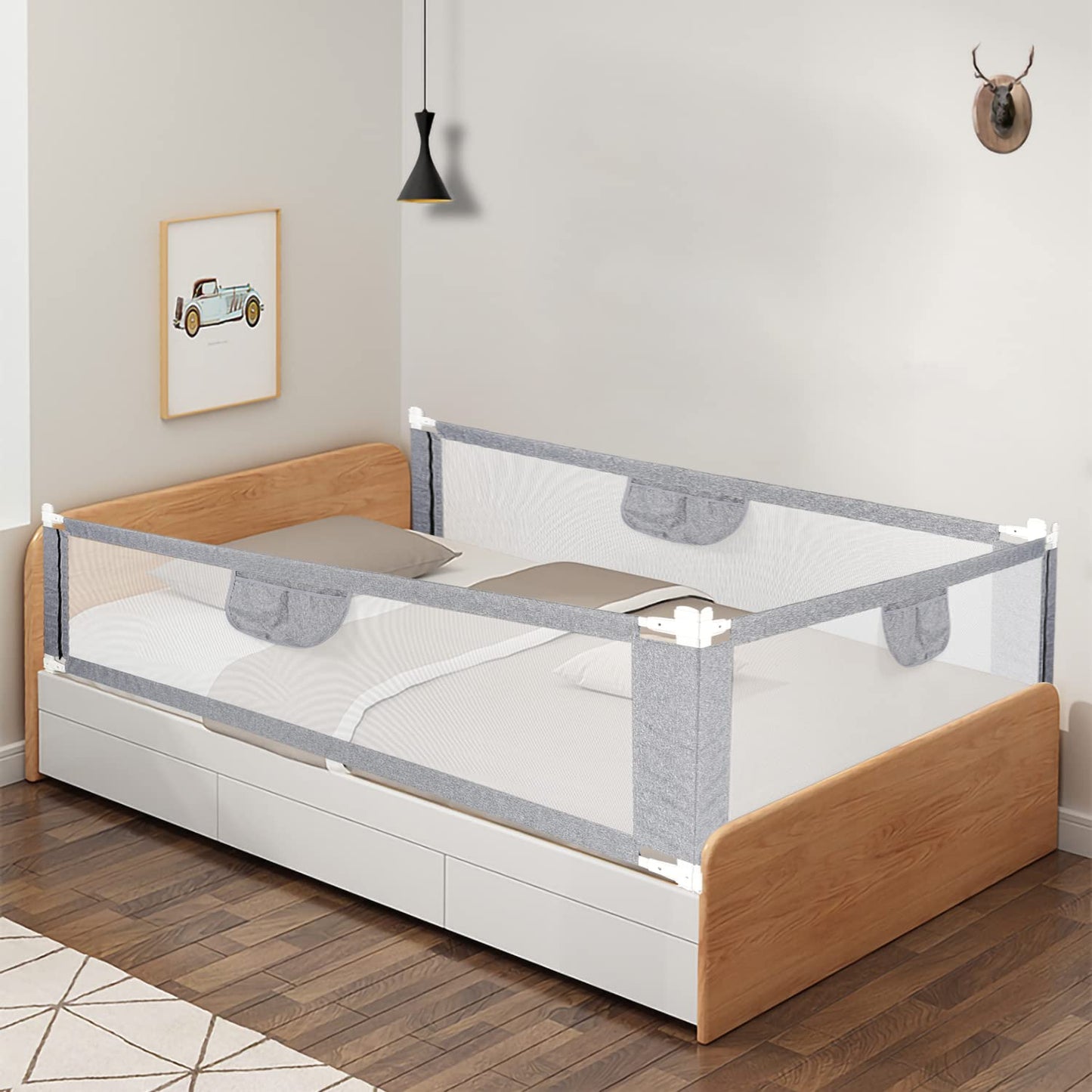 Aopunly bed rail guard 2X 200cm + 1X 180cm, bed rail protector for kids, adjustable height 70-98cm, easy to assemble, crib rail with breathable mesh, Gray.