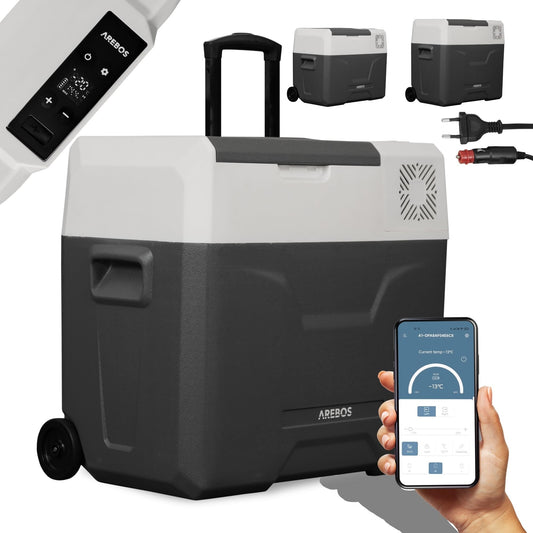 Arebos compressor cooler box with wheels 47L Electric freezer box with APP & smart control Cooling and heating function Mobile cooler with USB port 12/24 V 230V for car, truck, camping, boat, motorhome
