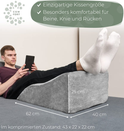 Ergonomic leg wedge pillow for elevating legs - leg rest cushion for raising legs - leg elevation pillow - wedge pillow support for legs & knees ideal as lymphatic and vein support for both legs.
