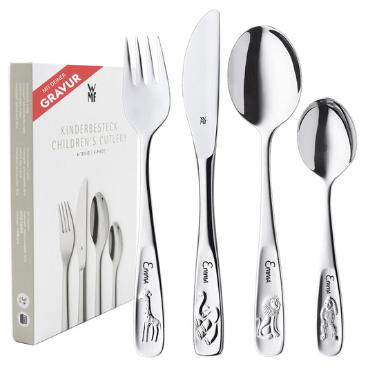 WMF children's cutlery with name engraving, stainless steel, 4-piece, dishwasher safe - gift for christening, christening gifts for girls and boys, children's cutlery with engraving.