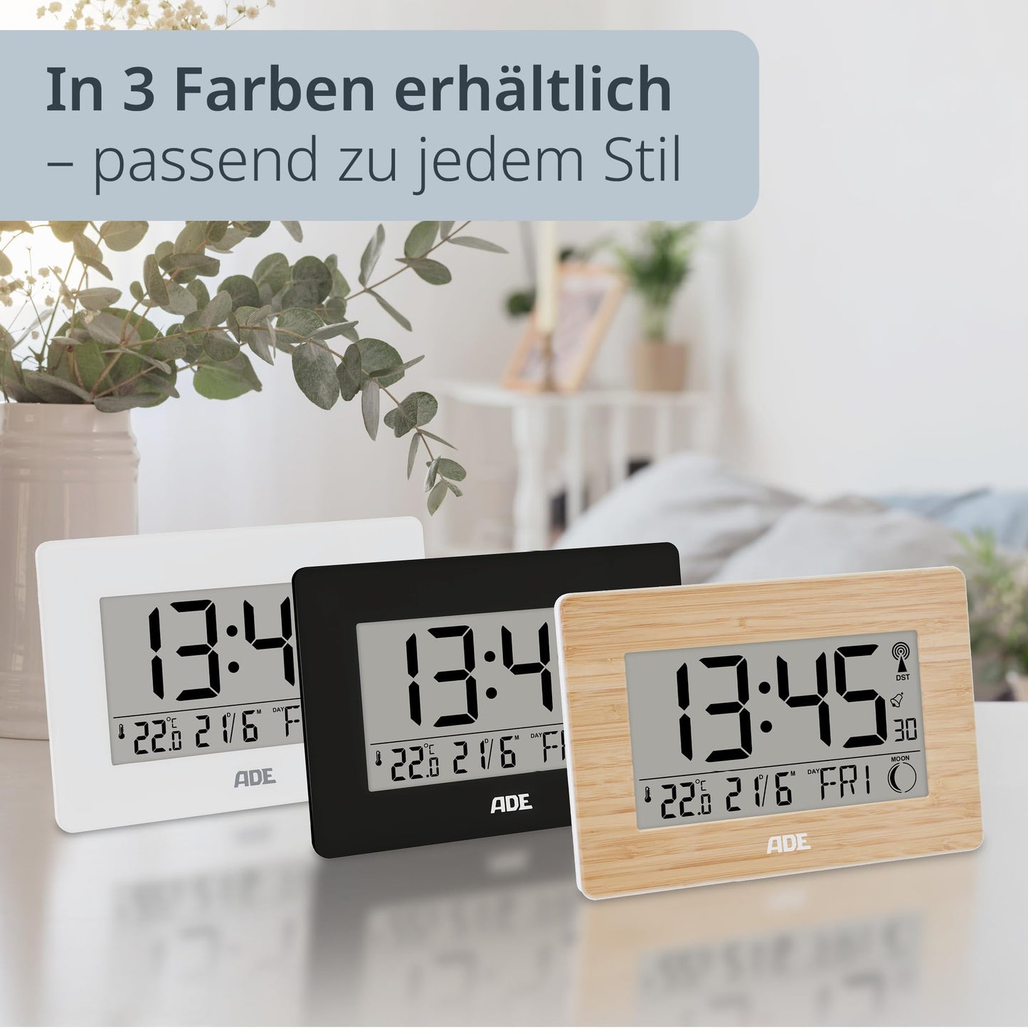 ADE Large digital radio clock with XXL digits | Table clock with calendar and day of the week | Digital clock with temperature display | Digital radio alarm clock with battery | white