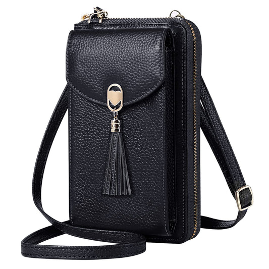 BTNEEU crossbody phone purse for women is made of leather with RFID protection. It features 12 card slots, adjustable shoulder strap, and can hold your phone and wallet securely. Available in black.