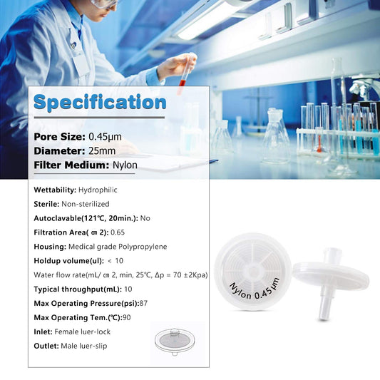ALLPURE Nylon Syringe Filters, 25 mm, 100 pieces, 0.45 μm