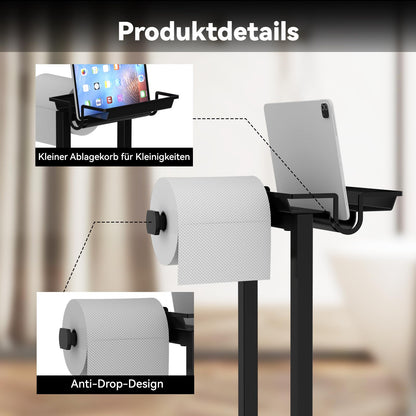 Dailyart freestanding toilet paper holder with toilet brush - multifunctional standing toilet paper holder with upper shelf brush holder toilet paper holder with brush black toilet set for bathroom and toilet.