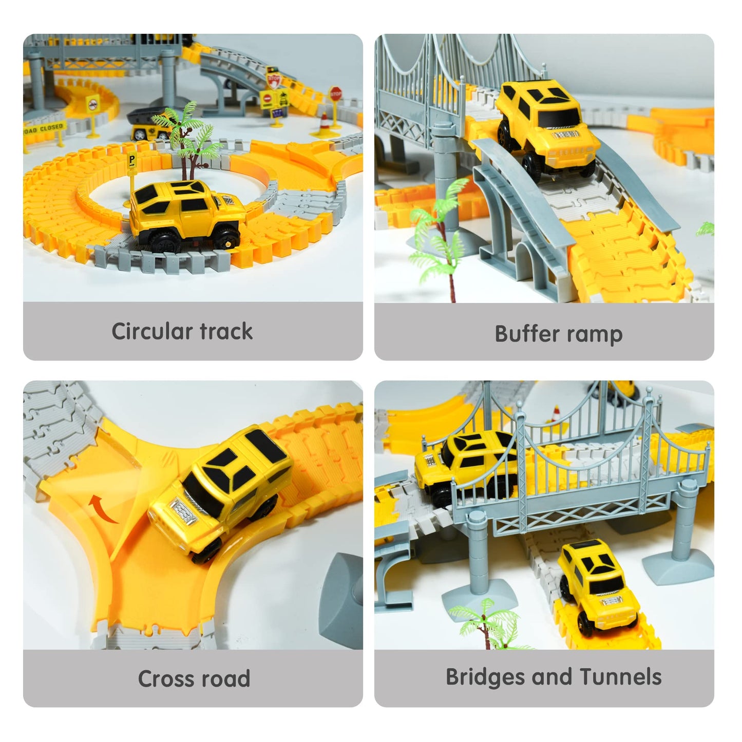TOMMYHOME tracks toy with electric car, flexible train tracks for kids, highway play set for boys girls gift, 2 race cars and 6 construction vehicles.