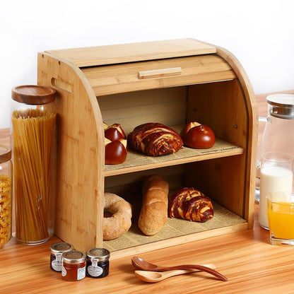G.a HOMEFAVOR Bamboo Bread Box 2-Tier Bread Holder Roll-Top Bread Storage with Removable Layer, Self-assembly, 38x25x34cm