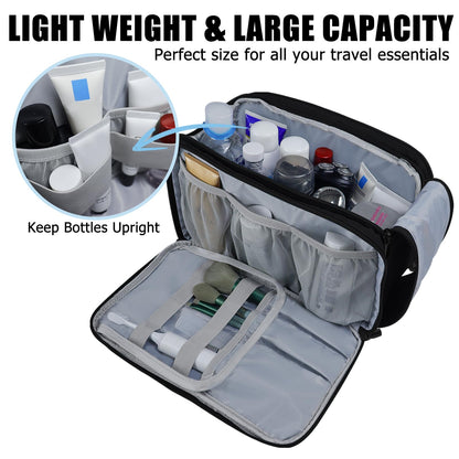 Gloppie toiletry bag for men and women. Large 10L waterproof travel wash bag with wet/dry pouch. Ideal for kids, adults, in black.