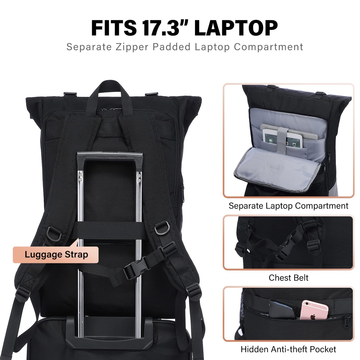 LOVEVOOK backpack for women and men, large waterproof laptop backpack 17.3 inch rolltop backpacks school backpack for college work travel, black grey
