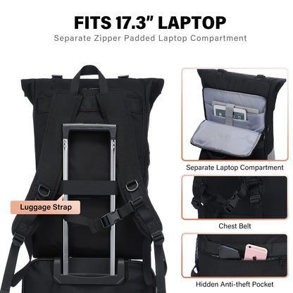 LOVEVOOK backpack for women and men, large waterproof laptop backpack 17.3 inch rolltop backpacks school backpack for college work travel, black grey