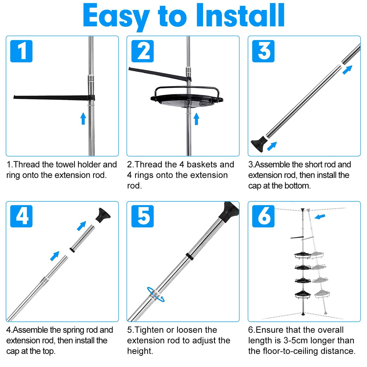 ZHUGE Telescope Shower Shelf, adjustable corner shelf for the shower with 4 shelves, 4 hooks, 1 towel bar for bathroom storage, rustproof, 70-330 cm from floor to ceiling, Black