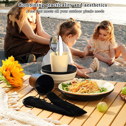 Kyraton Camping Cutlery Set, reusable Lightweight Cup, Bowls, Plates and Stainless Steel Cutlery with black pouch, dishwasher safe.